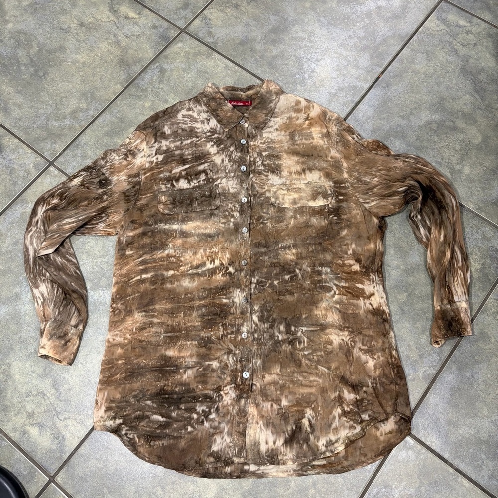 Barbara Lesser Brown Tye Dye Button Down Long Sleeve Blouse Sz XL Boho Whimsical - Picture 6 of 12